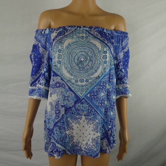 Hale Bob Iliana Off the Shoulder Printed Top Blouse Boho Floral Crochet NEW NWT - Picture 1 of 12